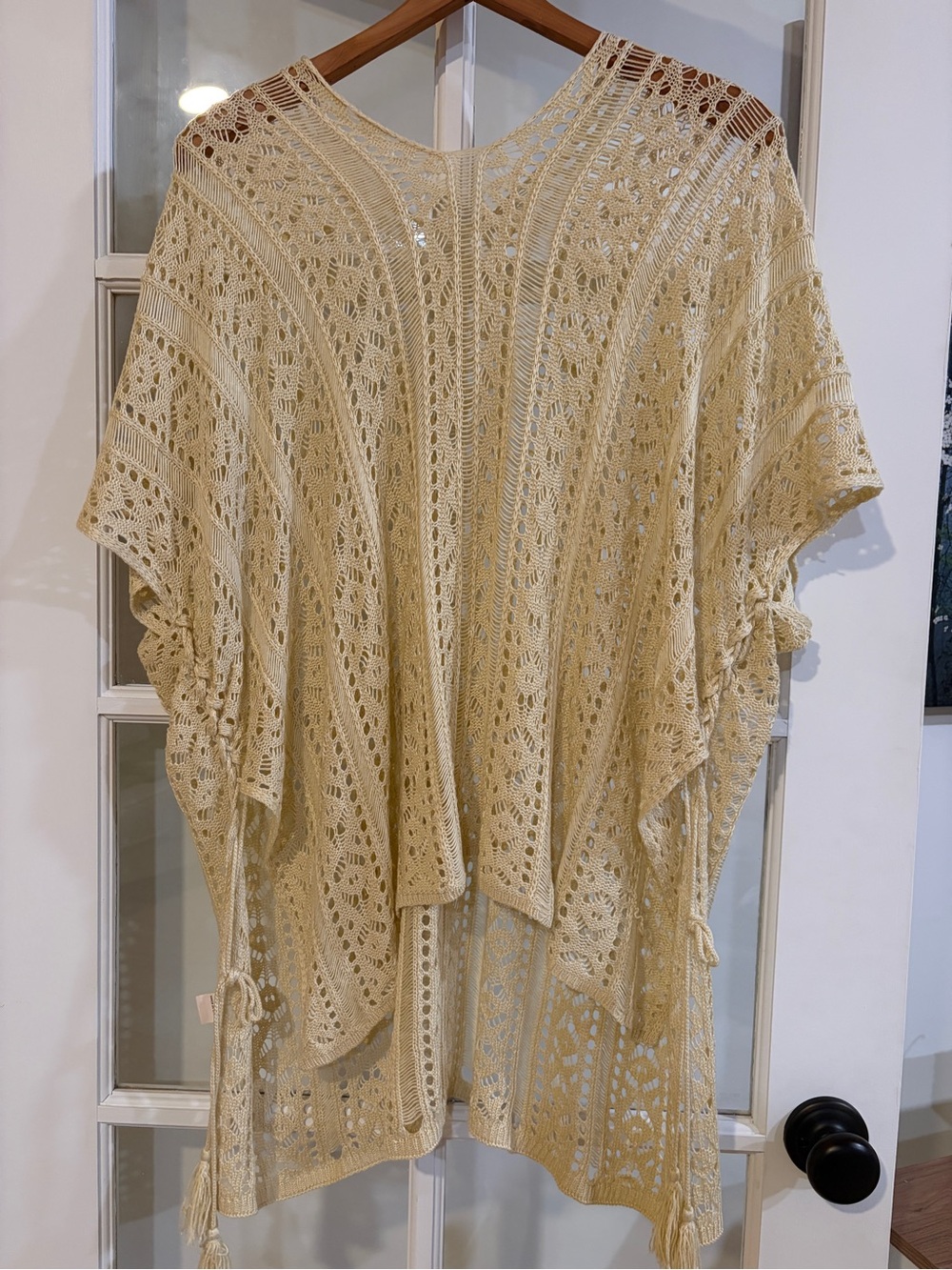 Ivory Crochet Lace Boho Tunic Top Dress Cover Up Coastal Tassel Knit Festival